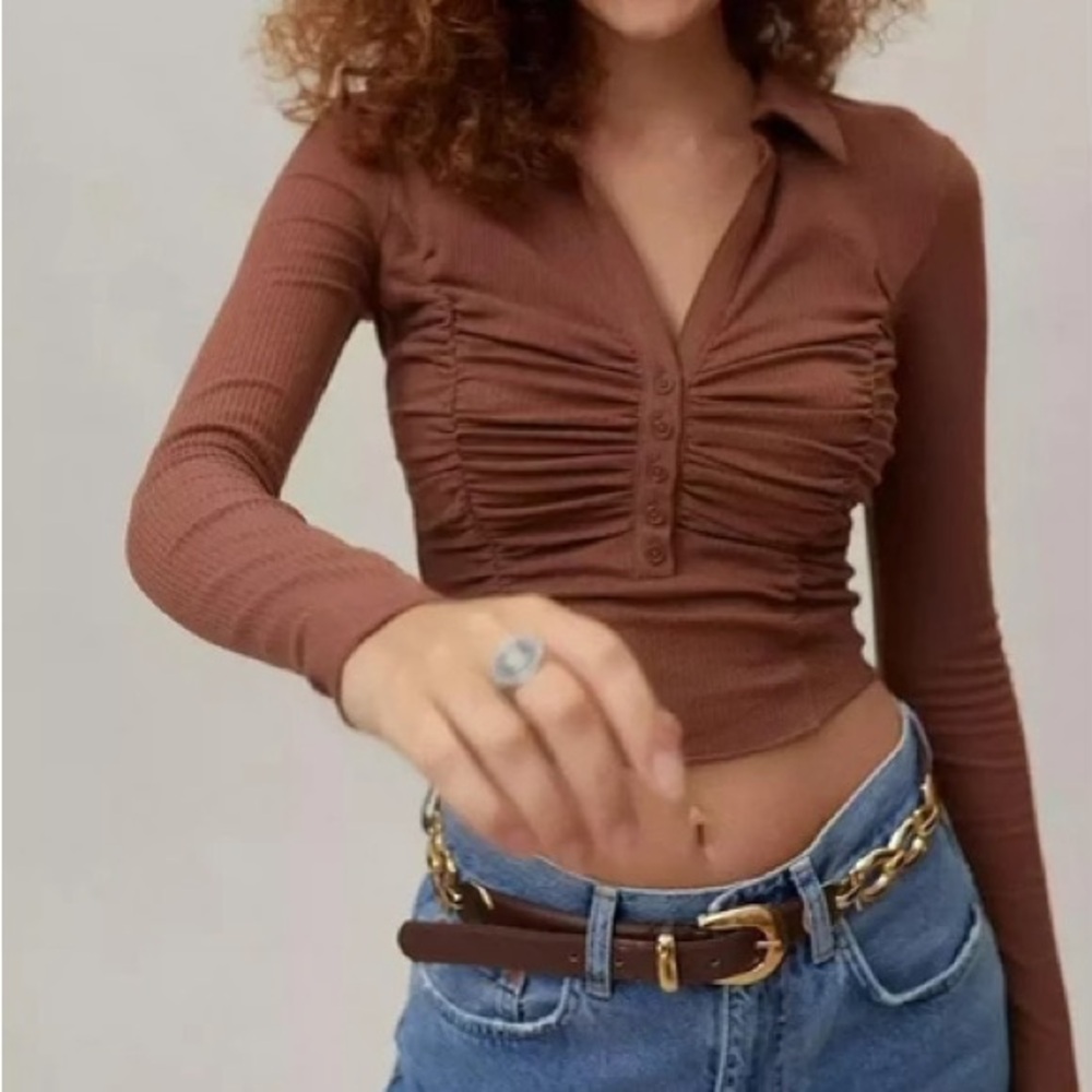 Urban Outfitters Riley Ruched Blouse in Brown